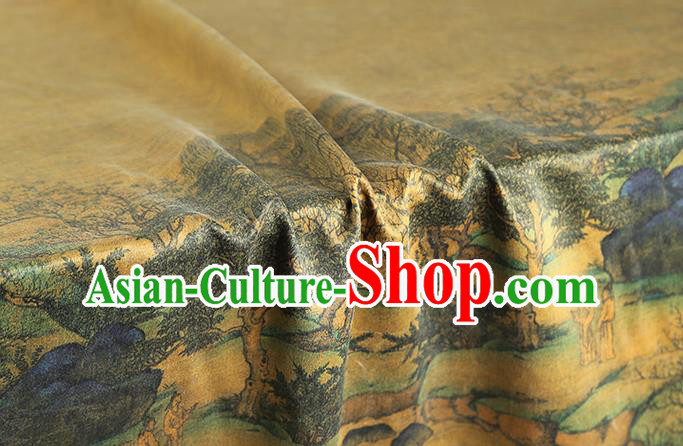 Chinese Satin Fabric Classical Landscape Pattern Yellow Silk Drapery Traditional Qipao Dress Brocade
