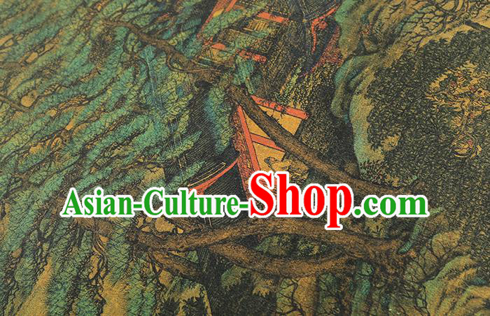 Chinese Satin Fabric Classical Landscape Pattern Yellow Silk Drapery Traditional Qipao Dress Brocade