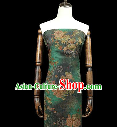 Chinese Classical Peony Pattern Green Silk Drapery Traditional Qipao Dress Gambiered Guangdong Gauze Fabric
