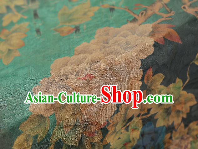 Chinese Classical Peony Pattern Green Silk Drapery Traditional Qipao Dress Gambiered Guangdong Gauze Fabric