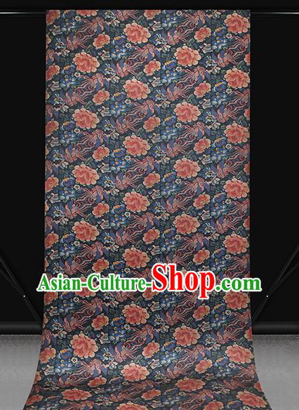 Chinese Traditional Qipao Dress Tapestry Fabric Classical Phoenix Peony Pattern Silk Drapery Navy Brocade