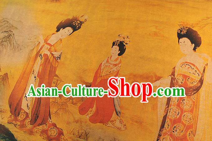 Chinese Classical Palace Beauty Pattern Silk Drapery Traditional Yellow Gambiered Guangdong Gauze Qipao Dress Fabric