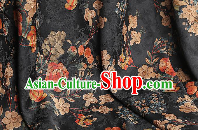 Chinese Classical Dahlia Pattern Silk Drapery Black Gambiered Guangdong Gauze Traditional Qipao Dress Fabric