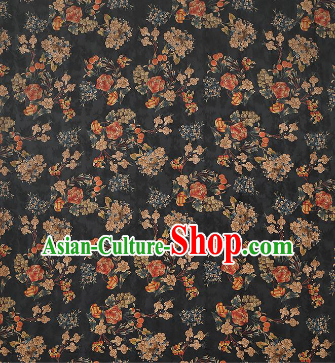 Chinese Classical Dahlia Pattern Silk Drapery Black Gambiered Guangdong Gauze Traditional Qipao Dress Fabric
