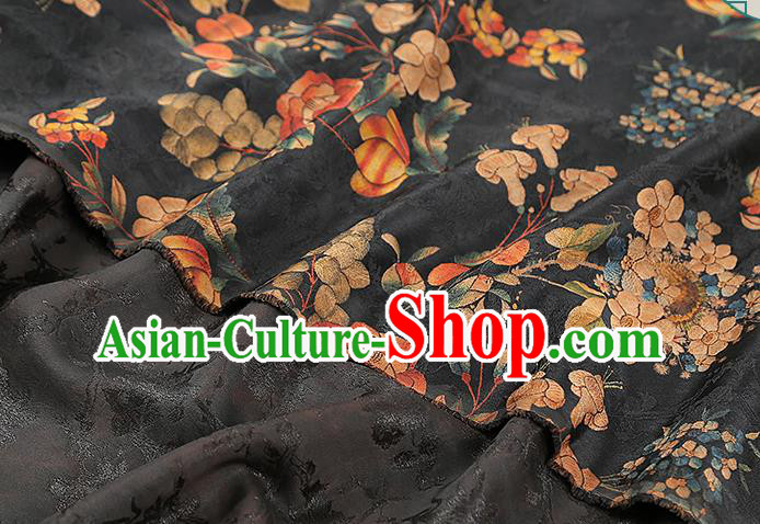 Chinese Classical Dahlia Pattern Silk Drapery Black Gambiered Guangdong Gauze Traditional Qipao Dress Fabric