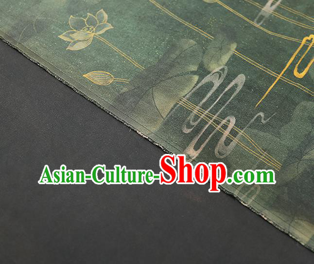 Chinese Traditional Atrovirens Gambiered Guangdong Gauze Qipao Dress Cloth Classical Lotus Pattern Silk Fabric