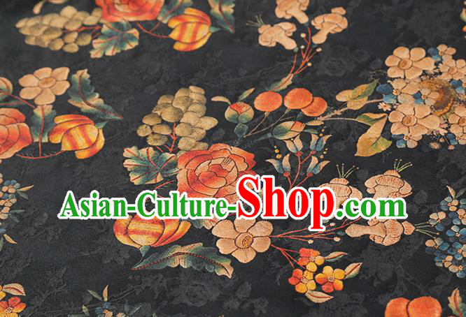 Chinese Classical Dahlia Pattern Silk Drapery Black Gambiered Guangdong Gauze Traditional Qipao Dress Fabric