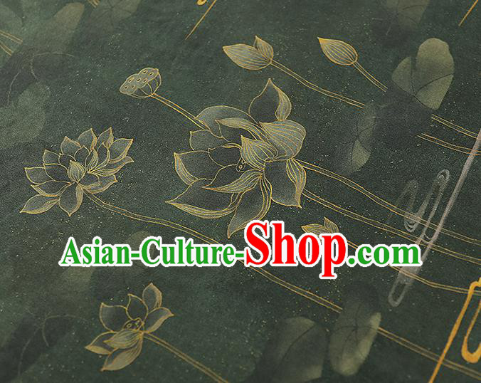Chinese Traditional Atrovirens Gambiered Guangdong Gauze Qipao Dress Cloth Classical Lotus Pattern Silk Fabric