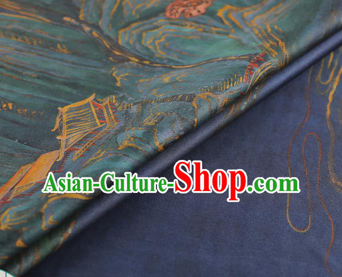 Chinese Traditional Blue Gambiered Guangdong Gauze Qipao Dress Cloth Classical Landscape Pattern Silk Fabric
