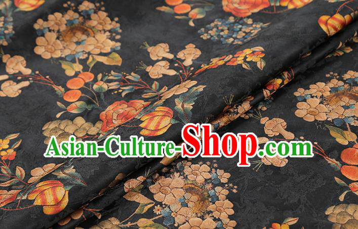 Chinese Classical Dahlia Pattern Silk Drapery Black Gambiered Guangdong Gauze Traditional Qipao Dress Fabric