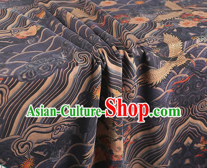 Chinese Qipao Dress Navy Brocade Cloth Traditional Gambiered Guangdong Gauze Classical Wave Cranes Pattern Silk Fabric