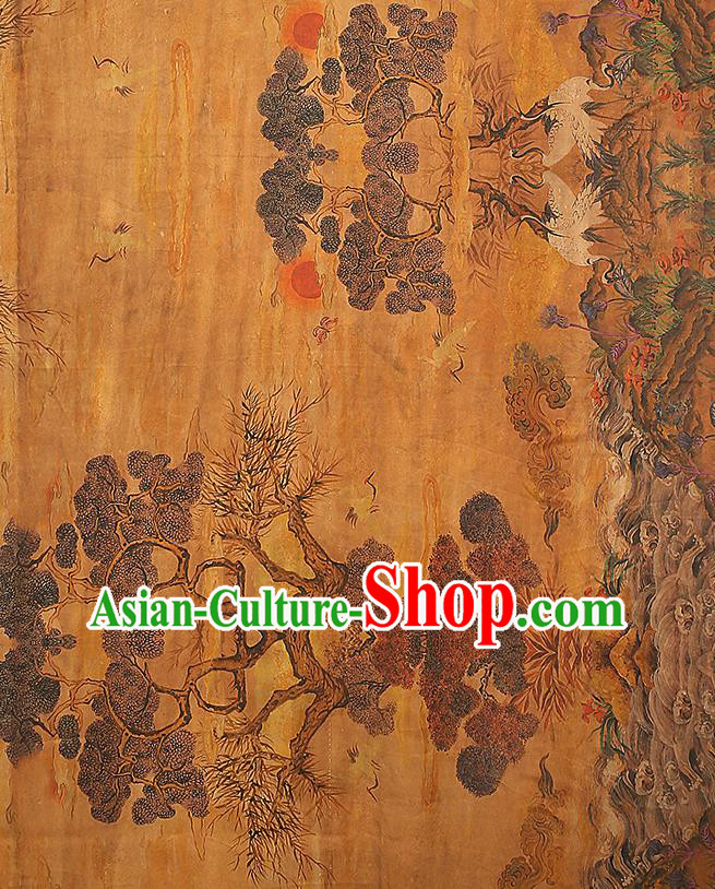 Chinese Qipao Dress Classical Pine Crane Pattern Silk Fabric Gambiered Guangdong Gauze Traditional Ginger Brocade Cloth