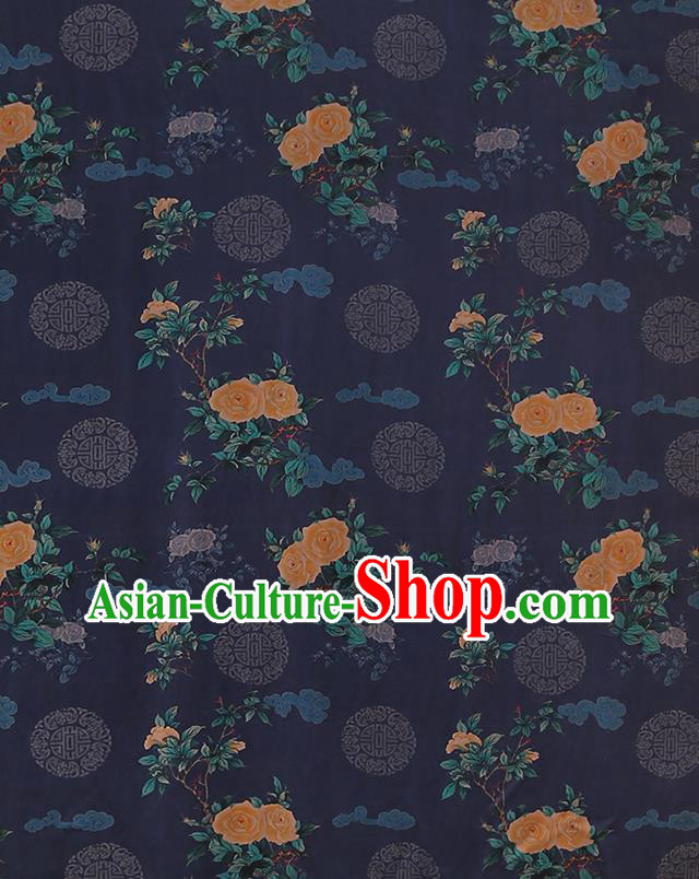 Chinese Traditional Cheongsam Deep Blue Brocade Material Classical Roses Pattern Silk Fabric