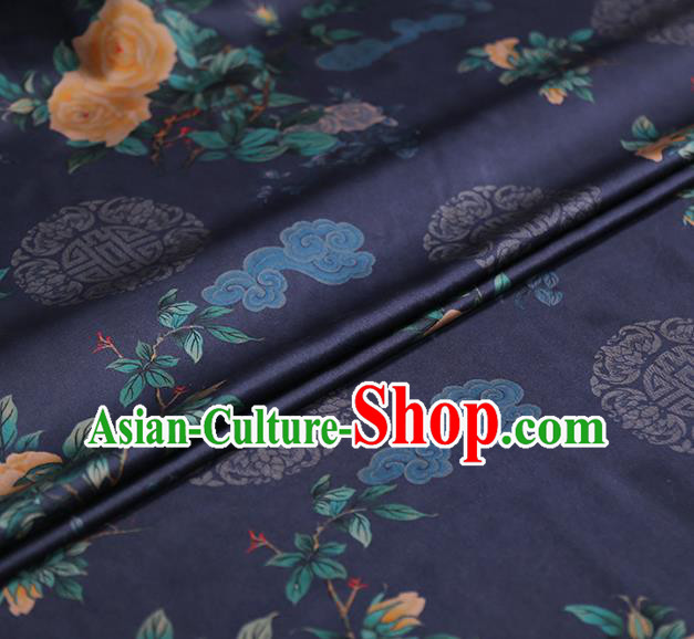 Chinese Traditional Cheongsam Deep Blue Brocade Material Classical Roses Pattern Silk Fabric