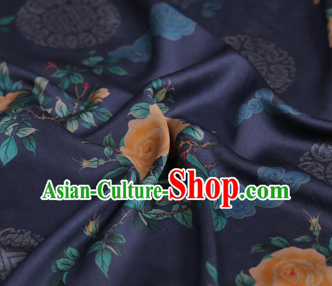 Chinese Traditional Cheongsam Deep Blue Brocade Material Classical Roses Pattern Silk Fabric