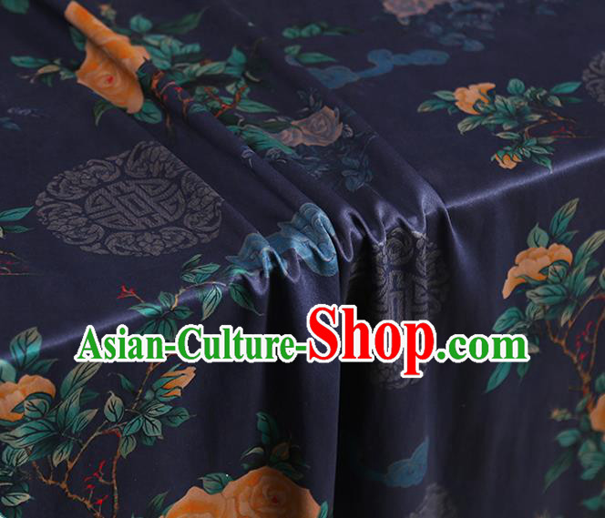 Chinese Traditional Cheongsam Deep Blue Brocade Material Classical Roses Pattern Silk Fabric