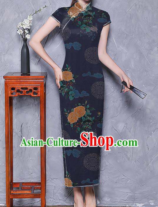 Chinese Traditional Cheongsam Deep Blue Brocade Material Classical Roses Pattern Silk Fabric