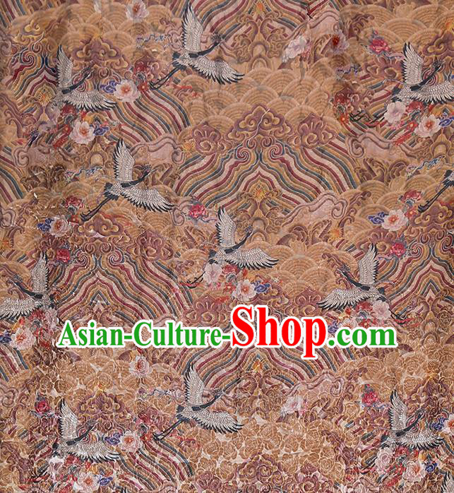 Chinese Classical Wave Cranes Pattern Silk Fabric Traditional Cheongsam Ginger Brocade Material Tapestry