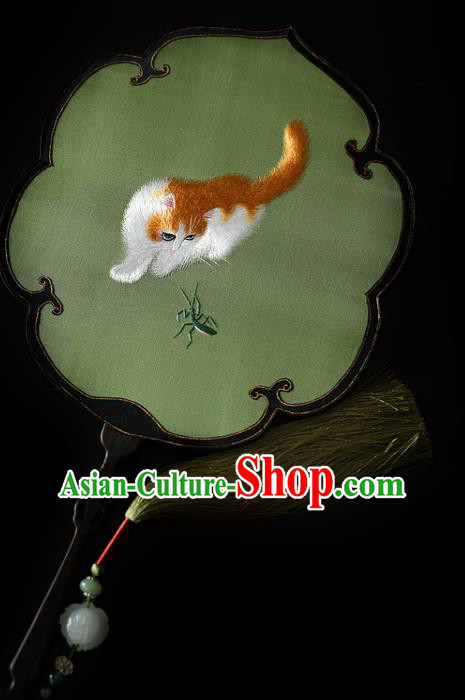 China Ancient Princess Palace Fan Traditional Hanfu Green Silk Fan Handmade Embroidered Cat Fan