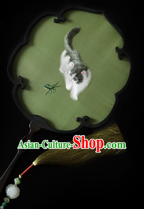 China Ancient Princess Palace Fan Traditional Hanfu Green Silk Fan Handmade Embroidered Cat Fan