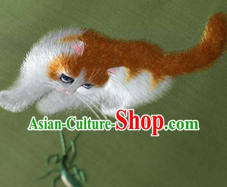 China Ancient Princess Palace Fan Traditional Hanfu Green Silk Fan Handmade Embroidered Cat Fan