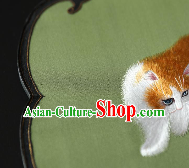 China Ancient Princess Palace Fan Traditional Hanfu Green Silk Fan Handmade Embroidered Cat Fan