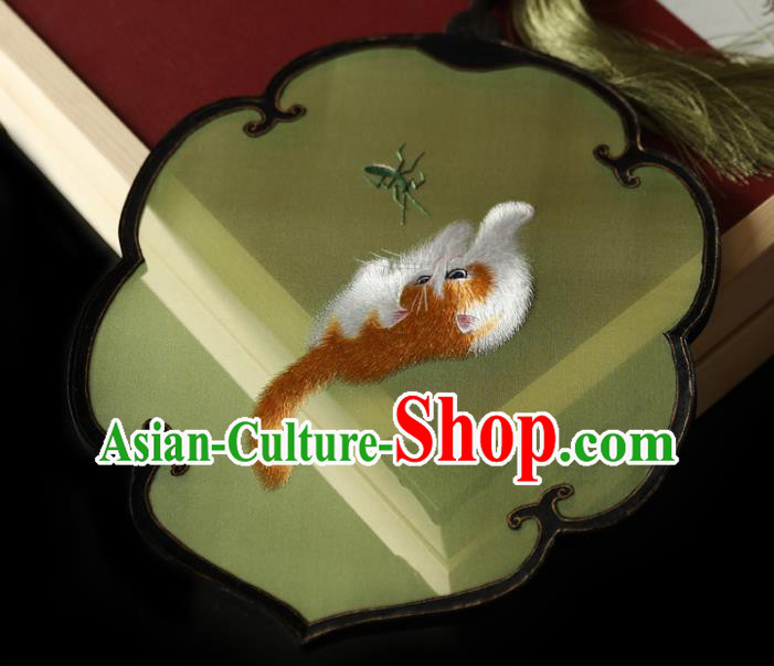 China Ancient Princess Palace Fan Traditional Hanfu Green Silk Fan Handmade Embroidered Cat Fan