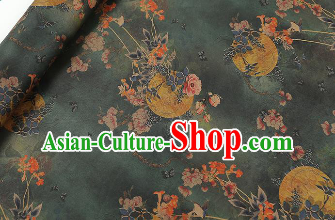 Chinese Classical Moon Flowers Pattern Green Gambiered Guangdong Gauze Drapery Traditional Qipao Dress Silk Fabric