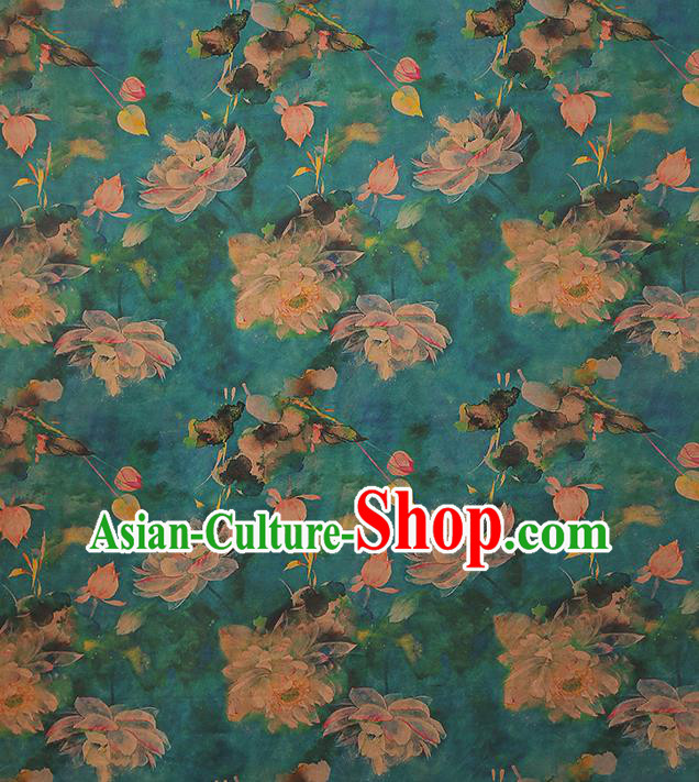 Chinese Classical Lotus Pattern Green Drapery Traditional Qipao Dress Silk Fabric Gambiered Guangdong Gauze