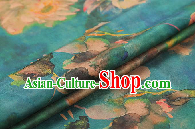 Chinese Classical Lotus Pattern Green Drapery Traditional Qipao Dress Silk Fabric Gambiered Guangdong Gauze