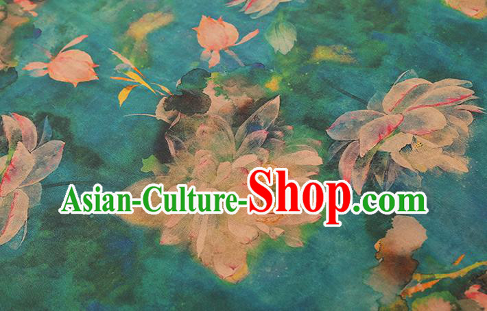 Chinese Classical Lotus Pattern Green Drapery Traditional Qipao Dress Silk Fabric Gambiered Guangdong Gauze