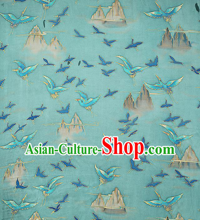 Chinese Traditional Qipao Dress Blue Silk Fabric Classical Printing Cranes Gambiered Guangdong Gauze