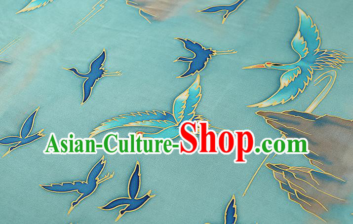 Chinese Traditional Qipao Dress Blue Silk Fabric Classical Printing Cranes Gambiered Guangdong Gauze
