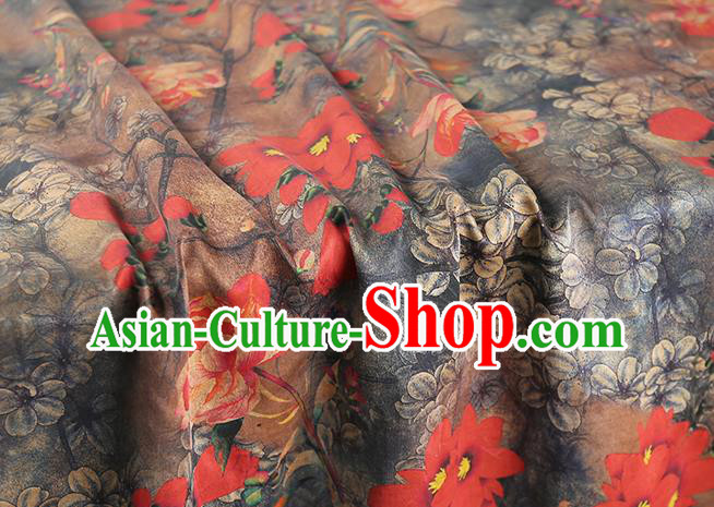 Chinese Classical Red Flowers Pattern Gambiered Guangdong Gauze Traditional Qipao Dress Grey Silk Fabric