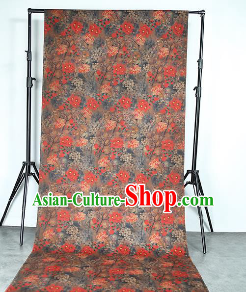 Chinese Classical Red Flowers Pattern Gambiered Guangdong Gauze Traditional Qipao Dress Grey Silk Fabric