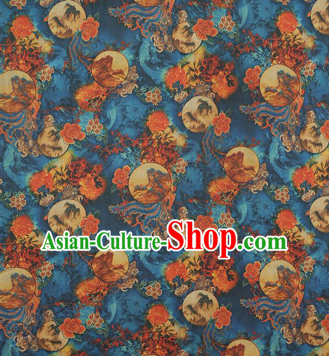 Chinese Traditional Qipao Dress Blue Silk Fabric Classical Phoenix Pattern Gambiered Guangdong Gauze