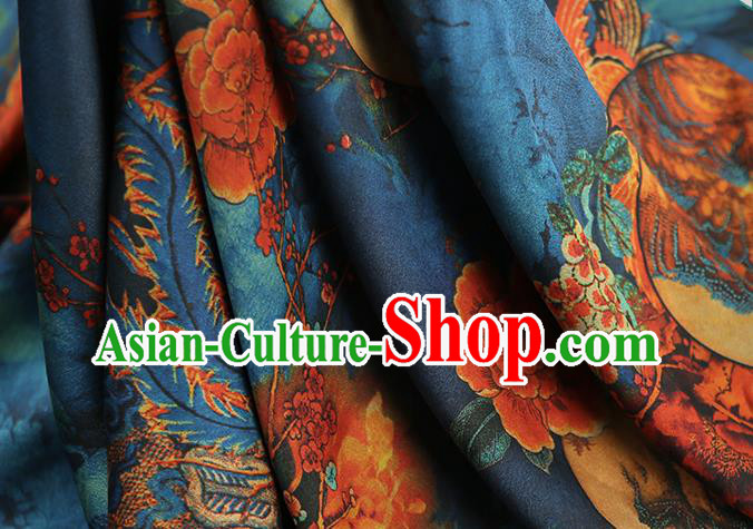 Chinese Traditional Qipao Dress Blue Silk Fabric Classical Phoenix Pattern Gambiered Guangdong Gauze