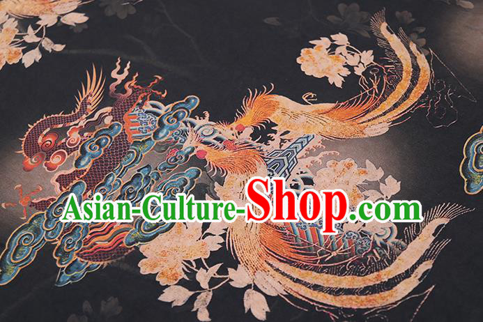 Chinese Classical Qipao Dress Phoenix Peony Pattern Gambiered Guangdong Gauze Traditional Black Silk Fabric