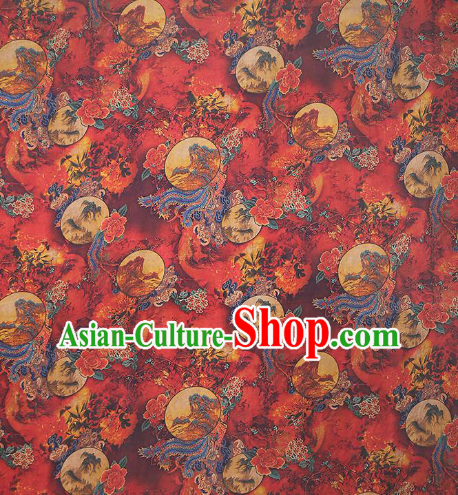 Chinese Classical Silk Fabric Traditional Qipao Dress Phoenix Peony Pattern Red Gambiered Guangdong Gauze