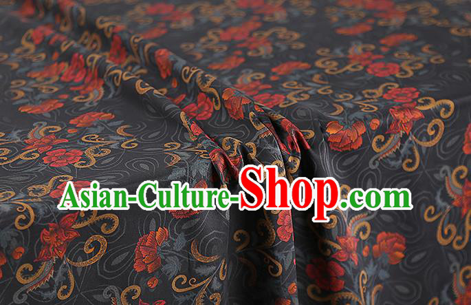 Chinese Classical Black Silk Fabric Traditional Qipao Dress Flowers Pattern Gambiered Guangdong Gauze Material