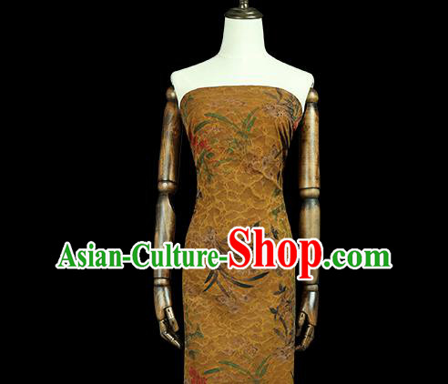 Chinese Classical Orchids Pattern Gambiered Guangdong Gauze Traditional Qipao Dress Ginger Silk Fabric