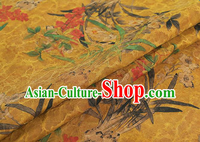 Chinese Classical Orchids Pattern Gambiered Guangdong Gauze Traditional Qipao Dress Ginger Silk Fabric