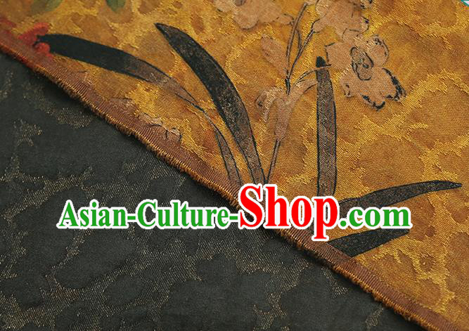 Chinese Classical Orchids Pattern Gambiered Guangdong Gauze Traditional Qipao Dress Ginger Silk Fabric