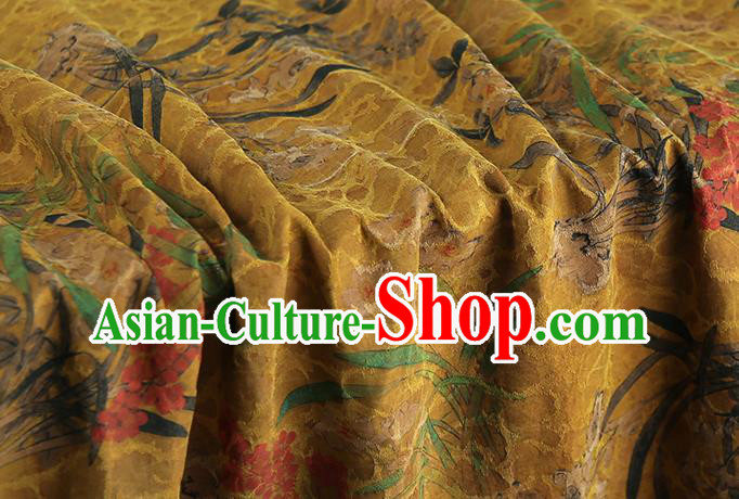 Chinese Classical Orchids Pattern Gambiered Guangdong Gauze Traditional Qipao Dress Ginger Silk Fabric