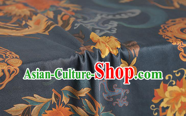 Chinese Classical Printing Phoenix Peony Gambiered Guangdong Gauze Traditional Qipao Dress Navy Silk Fabric