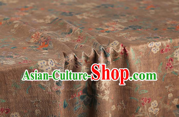 Chinese Classical Printing Flowers Gambiered Guangdong Gauze Traditional Qipao Dress Brown Silk Fabric