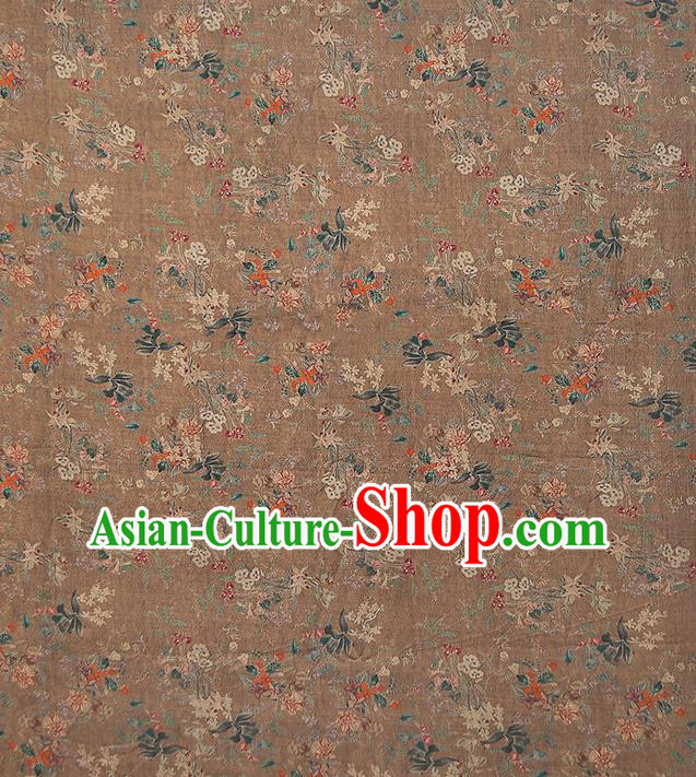 Chinese Classical Printing Flowers Gambiered Guangdong Gauze Traditional Qipao Dress Brown Silk Fabric