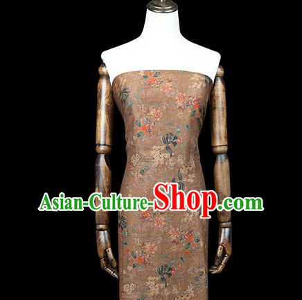 Chinese Classical Printing Flowers Gambiered Guangdong Gauze Traditional Qipao Dress Brown Silk Fabric