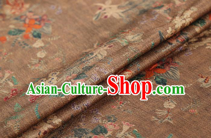 Chinese Classical Printing Flowers Gambiered Guangdong Gauze Traditional Qipao Dress Brown Silk Fabric