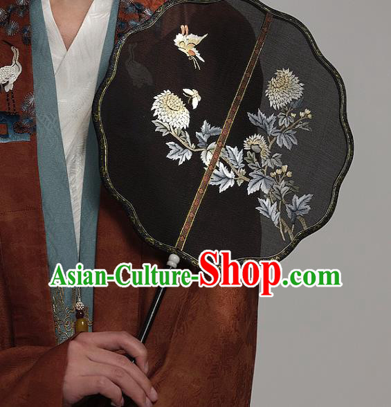 China Traditional Hanfu Black Silk Palace Fan Ancient Wedding Bride Fan Handmade Embroidered Chrysanthemum Fans